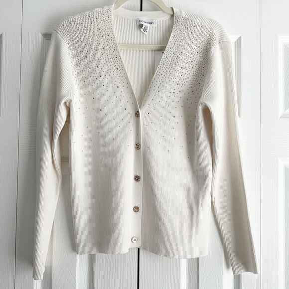 NWT Calvin Klein Cardigan Sweater Womens Sz S Ivory Gold Accents Ribbed-Knit - Picture 1 of 11